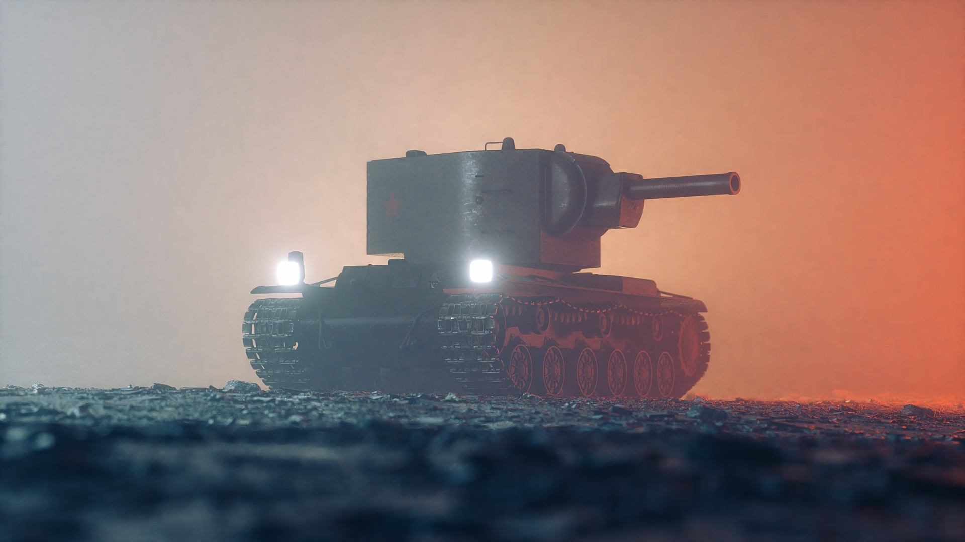 Aftermath : char d’assaut dans une brume orangée, rendu 3D réalisé avec Cinema 4D et Octane