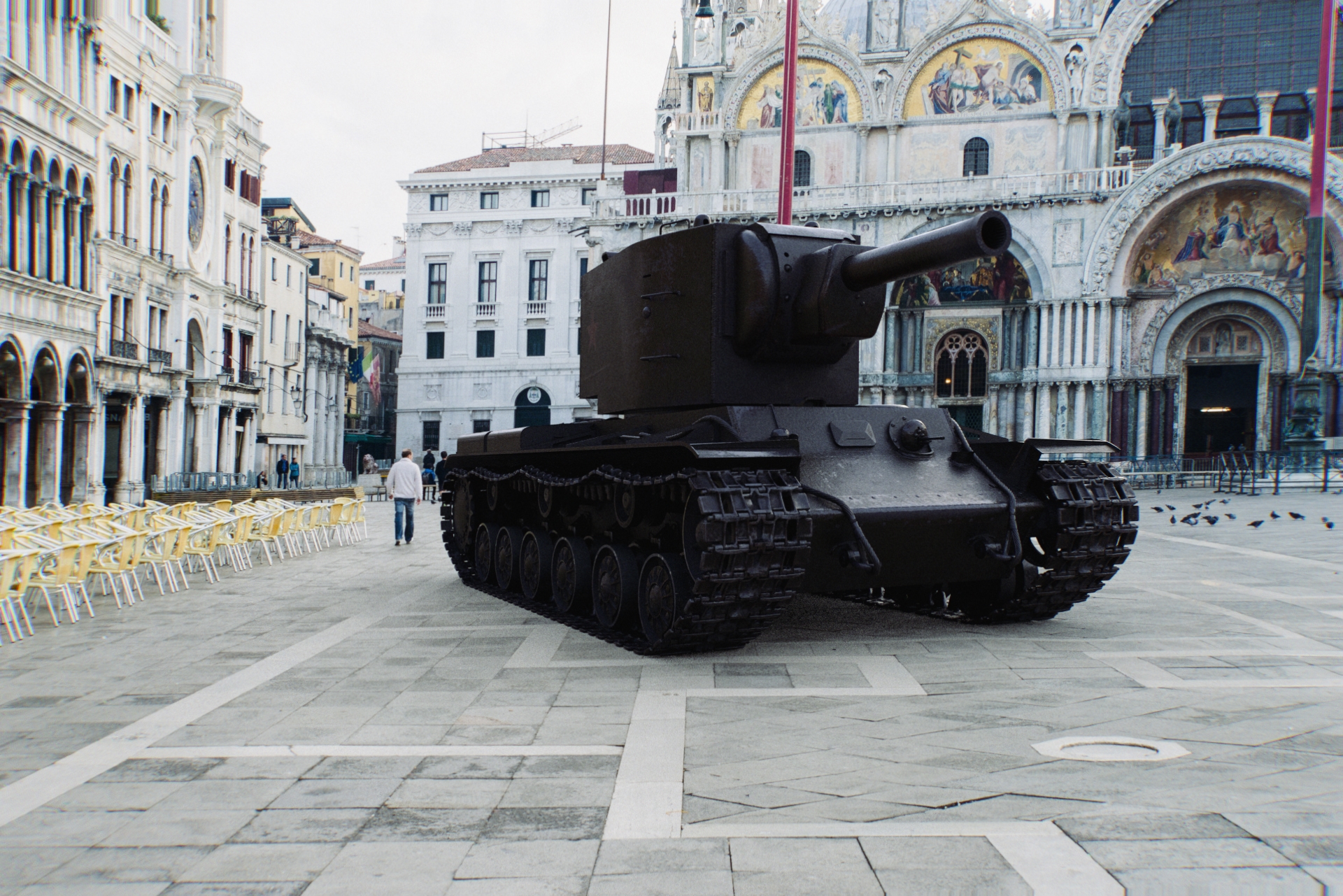 Char d’assaut photoréaliste intégré en 3D sur une place devant une basilique