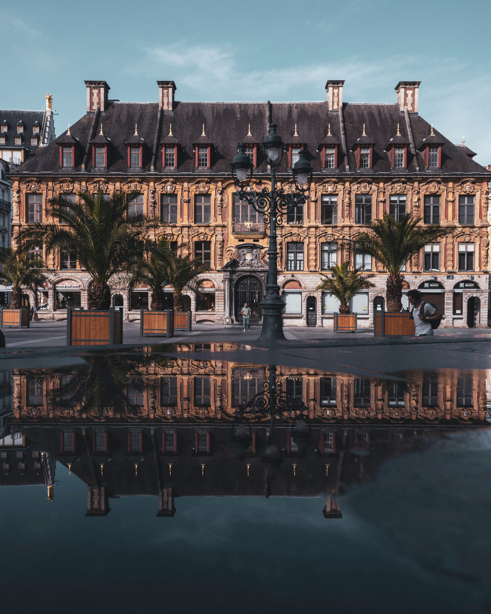 A large brick building and palm trees in central Lille, reflected on the wet ground