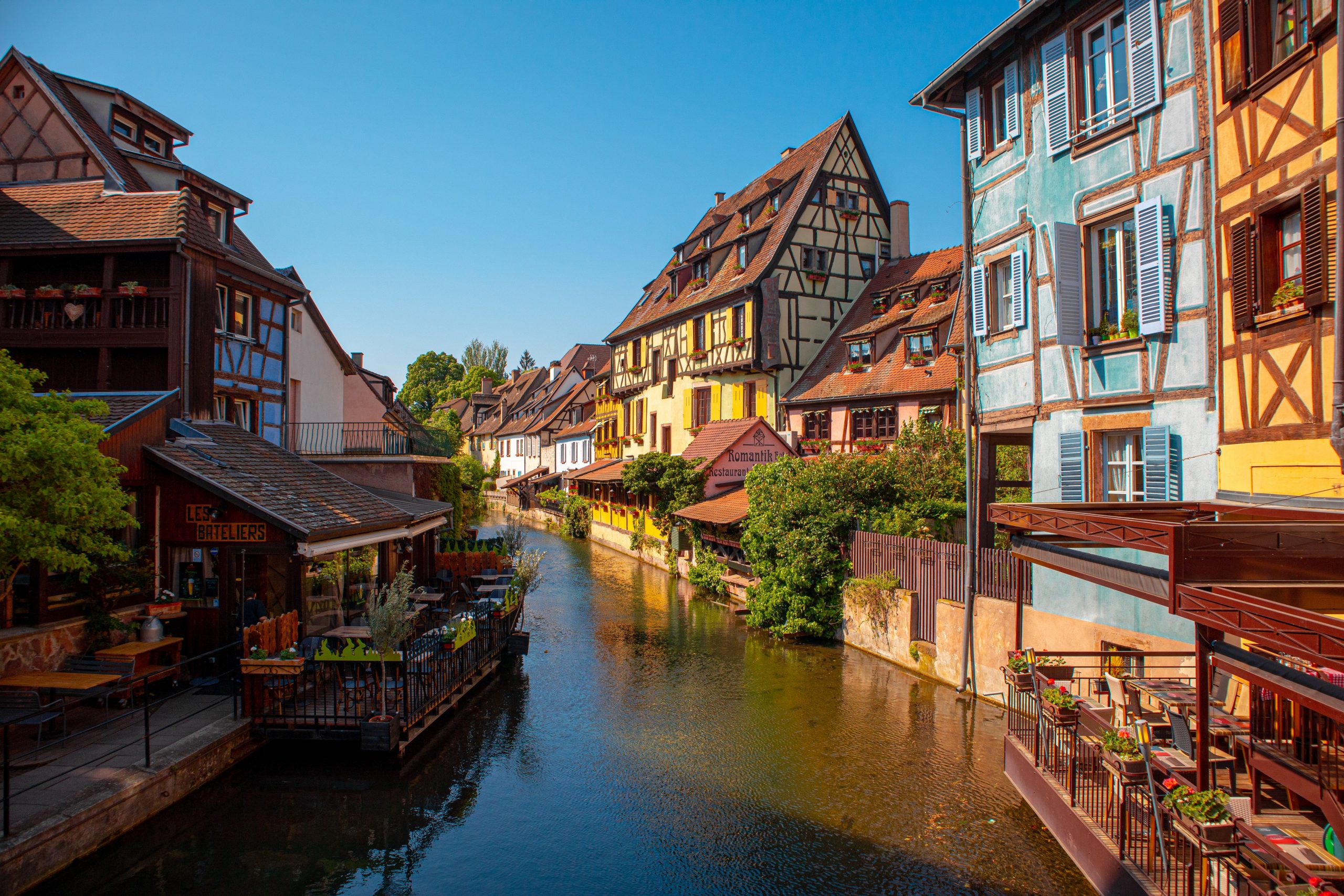 Half-timbered houses by the water in Alsace